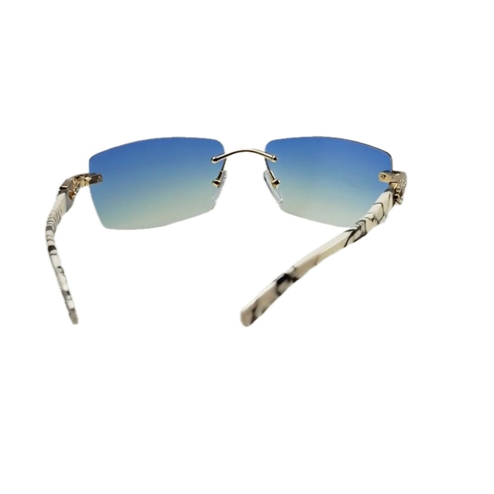 Sunglasses Blue Lens Men Gangster Rhinestone Stud Rimless Rectangle 90s Rapper - Picture 6 of 9
